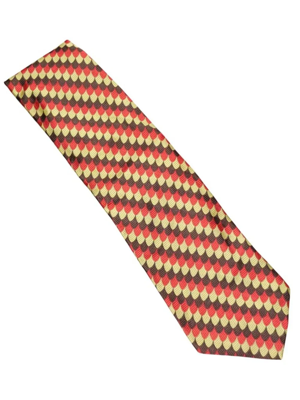 Necktie Vintage 70s Wide Tie Geometric Red Brown Gold Scallop Pattern Retro Mod